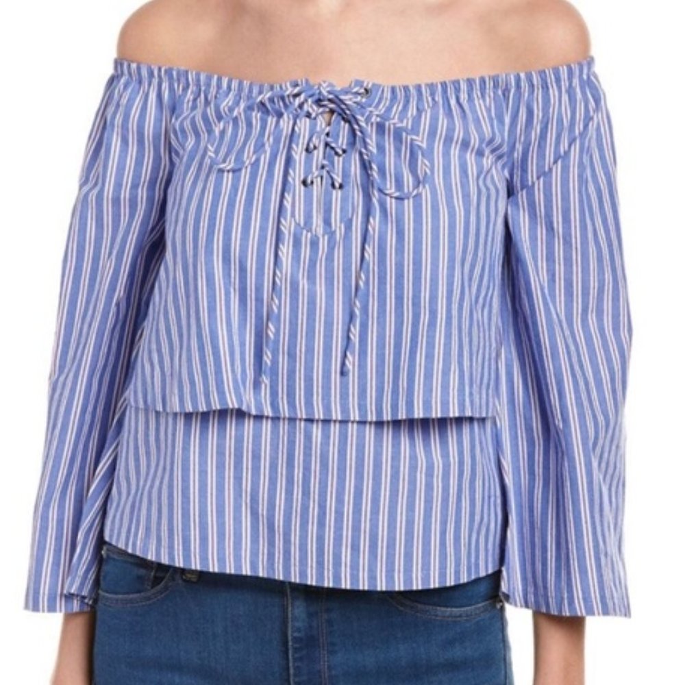 J.O.A. Lace Up Off The Shoulder Stripe‎ Blue Top